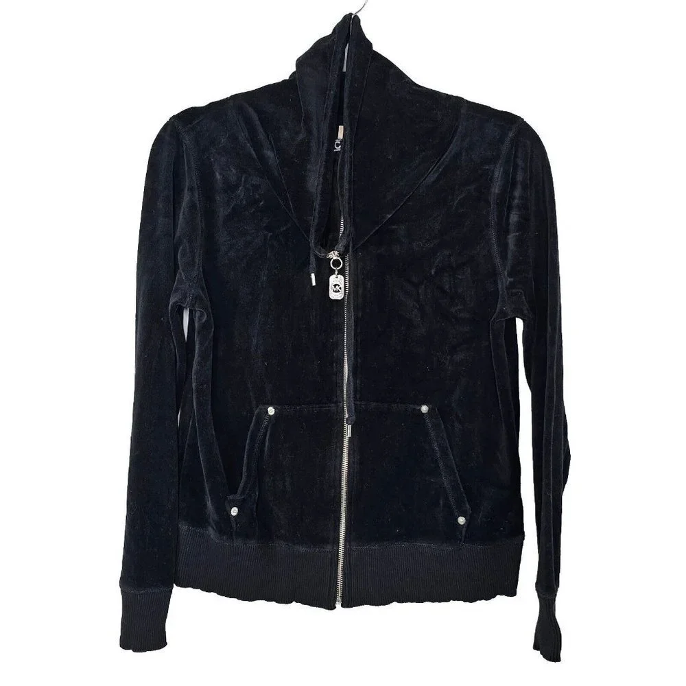 Michael Kors Womens Velour Zip Sweatshirt Jacket Size Medium Black Velvet
